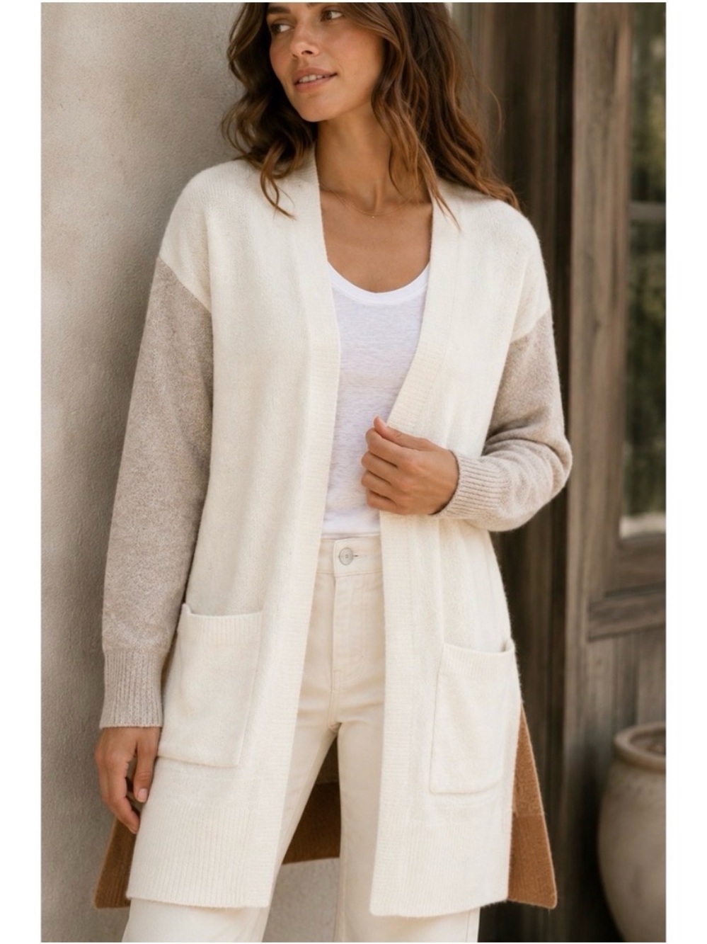🆕 Madewell Kent Colorblock Cozy Two-Tone Open Cardigan Sweater - Cream & Taupe